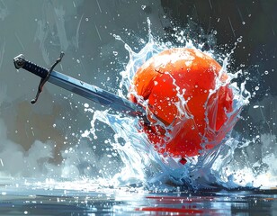 A sword pierces a vibrant orange fruit in a splash