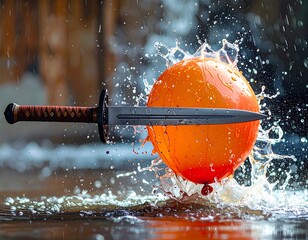 A sword pierces an orange balloon, creating a splash