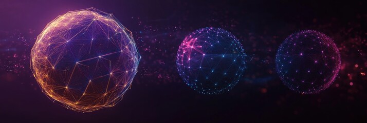 Three glowing interconnected spherical network structures with vibrant purple, blue, and orange colors floating in dark space, evoking futuristic and technological atmosphere