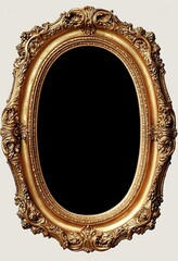 ornate vintage oval mirror with an elaborate gold frame featuring intricate floral and scrollwork details, empty reflective black surface