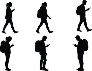 People walking, man and woman silhouettes, carrying backpacks, using smartphones, mobile lifestyle, black vector illustration, isolated casual activity, modern technology users