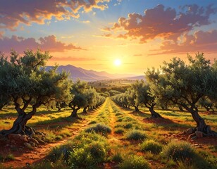 Golden Hour Olive Grove Landscape