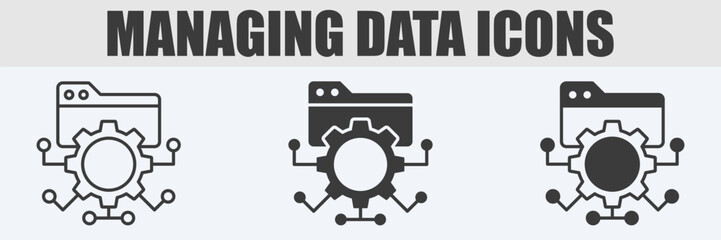 Managing Data Icon Set Vector Illustration in Outline, Glyph, and Mixed