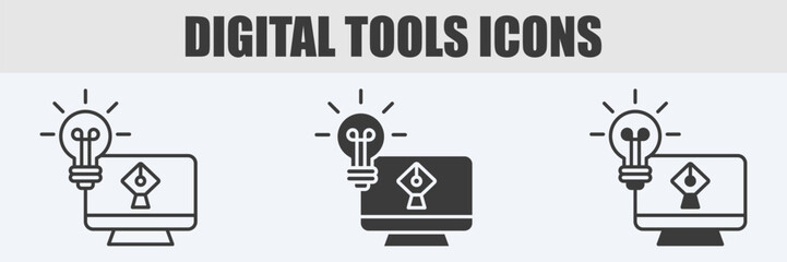 Digital Tools Icon Set Vector Illustration in Outline, Glyph, and Mixed