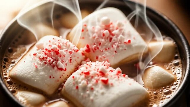 Hot chocolate with marshmallows and peppermint sprinkles in a dark mug steaming