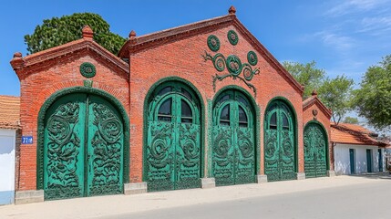 Obraz premium Elegant Brick Building with Intricate Green Doors in Sunny Setting