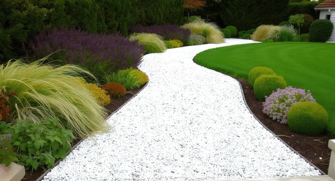 Garden pathway with white stones and green grass.