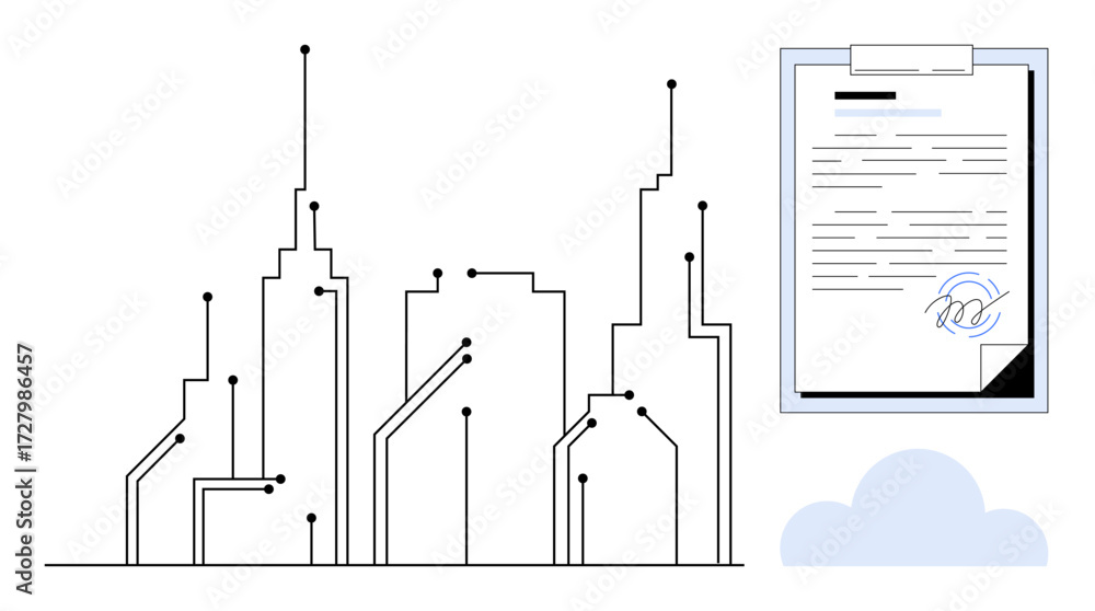 Poster skyscrapers connected by digital circuits signify a smart city network linked to a signed digital co