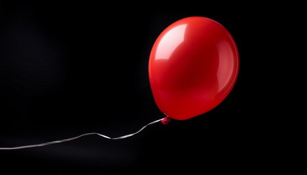 Single Glossy Vibrant Red Balloon Against A Black Background A Smooth Round Balloon With A Twisted Dark String - Powered by Adobe