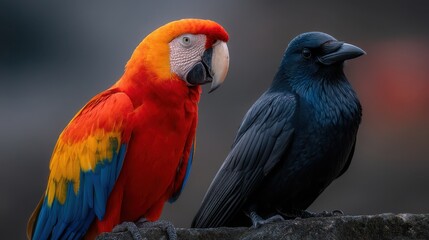 Obraz premium Vibrant Scarlet Macaw and Mysterious Black Raven Perched Together Against a Soft Blurred Background