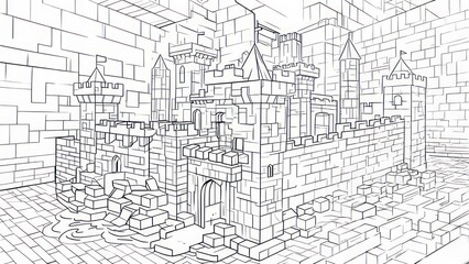 Detailed Line Art of a Medieval Castle in Perspective.