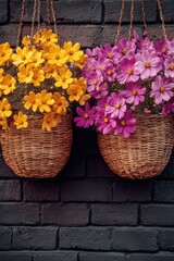 Two hanging baskets, filled with vibrant yellow and pink cosmos flowers, rest against a dark brick wall, creating a picturesque display of summer blooms.