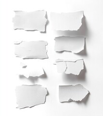Eight irregular torn white paper pieces arranged on a white background casting soft shadows with rough edges and textured surface