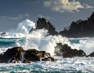 Powerful Waves Crashing Against Rugged Coastline
