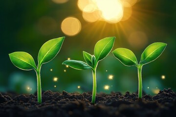 Three vibrant green seedlings growing from rich soil illuminated by warm sunlight with glowing particles in the background symbolizing growth and new beginnings