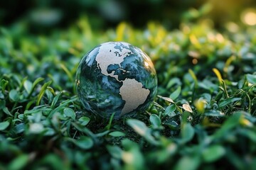 A clear glass globe with world map details resting on vibrant green leaves with soft sunlight creating a serene and hopeful atmosphere