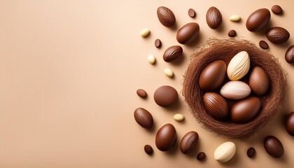 Easter Wallpaper With Chocolate Eggs On A Beige Background With Copy Space