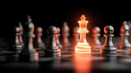 Radiant chess king surrounded by silver pawns on a dark board, symbolizing strategy, power, and decision-making in a captivating game of chess