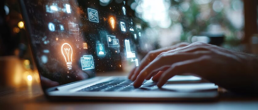 Close-up of hands typing on a laptop keyboard with floating futuristic digital icons and symbols representing ideas, email, files, and documents in a blurred background - Powered by Adobe
