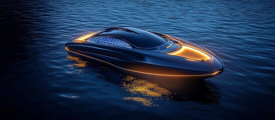 A futuristic looking black watercraft gliding gently across the sea