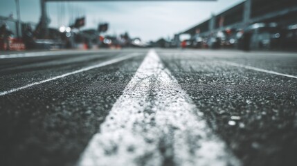 Close-Up of a Race Track with Focus on Starting Line and Asphalt Texture in an Overcast Weather Scene
