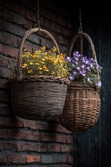 Two hanging wicker baskets, filled with vibrant yellow and purple flowers, adorn a rustic brick wall.