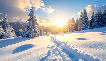 Obraz premium Snowy Landscape with Sunlight Through Trees in Winter Season Snowcapped Ground and Footprints Against Mountain Range