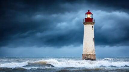Fototapeta premium Coastal lighthouse standing firm amidst turbulent stormy sea