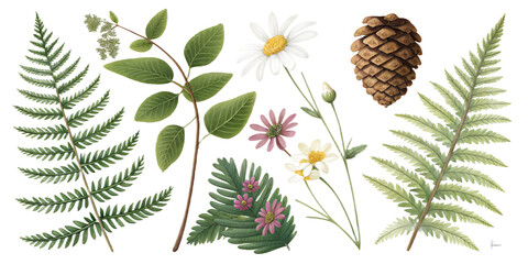 Summer Forest Elements PNG Set – Ferns, Flowers, Leaves, Pinecones – Individually Isolated and Separated on Transparent Background