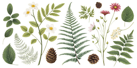 Summer Forest Elements PNG Set – Ferns, Flowers, Leaves, Pinecones – Individually Isolated and Separated on Transparent Background
