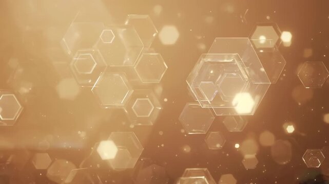 Glowing Golden Hexagons in Motion Abstract Luxury Background with Light Particles