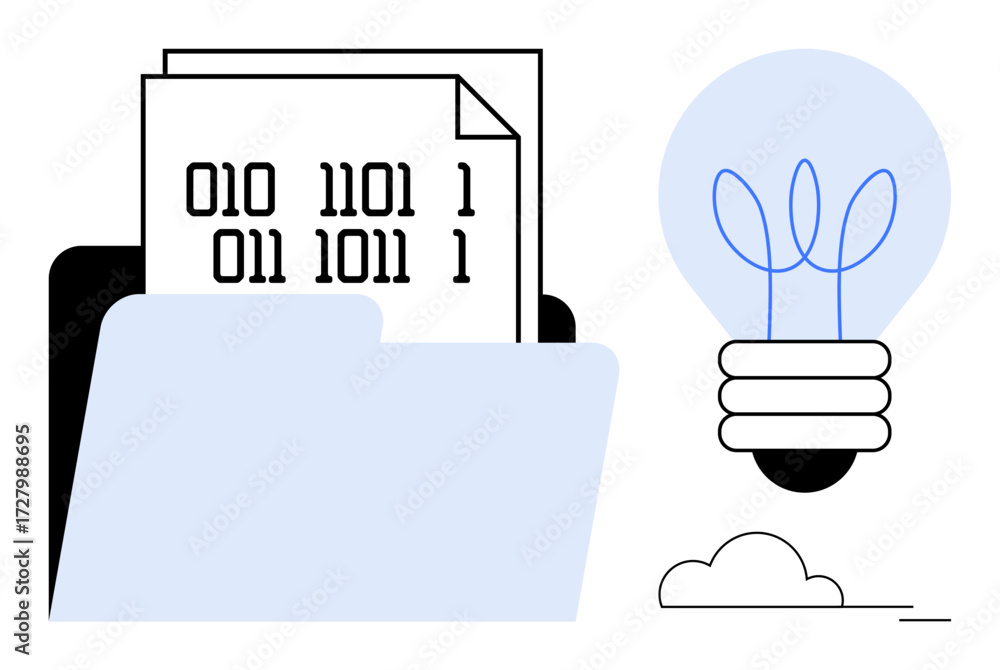 Aufkleber open folder containing binary code files next to a glowing lightbulb symbolizing innovation, creativ