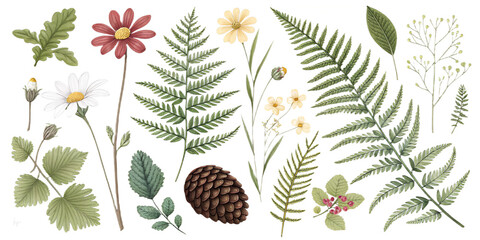 Summer Forest Elements PNG Set – Ferns, Flowers, Leaves, Pinecones – Individually Isolated and Separated on Transparent Background