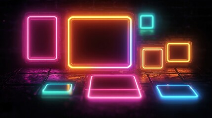Glowing neon rectangles and squares of various sizes in pink, orange, blue, and cyan arranged on a dark reflective surface creating a futuristic and vibrant atmosphere