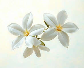 Close-up view of three white tropical flowers with soft petals and subtle yellow centers against a light background conveying purity and calmness