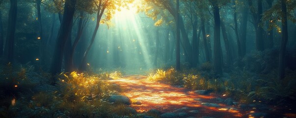 Sunlight streaming through dense forest trees illuminating a winding leaf-covered pathway surrounded by lush green foliage and scattered rocks, evoking serenity and wonder
