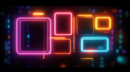 Glowing neon rectangles of various sizes in pink, orange, yellow, and blue colors on a dark background, creating a futuristic and vibrant digital display