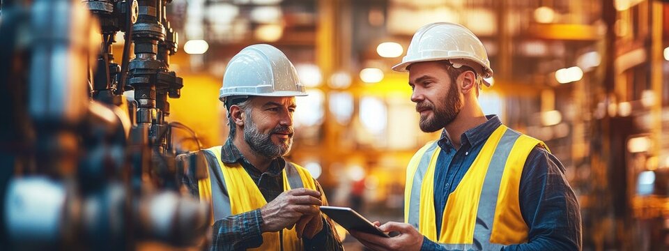 Two industrial workers wearing safety helmets and reflective vests discussing work with a digital tablet in a busy factory setting with machinery in the background