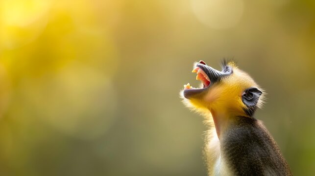 A young monkey with its mouth open, bathed in golden sunlight