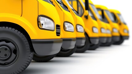 Row of Bright Yellow Delivery Trucks on White Background