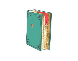 Illustration of a teal-colored book with decorative elements and a bookmark