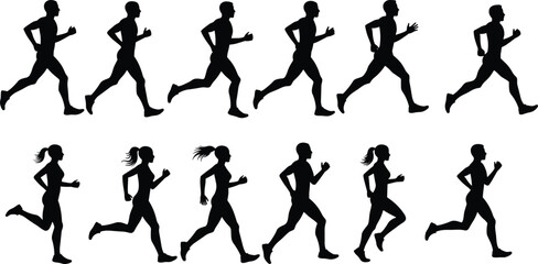 Running silhouette collection, men and women jogging, fitness training, marathon athletes, outdoor workout, sport exercise, healthy lifestyle, active people illustration