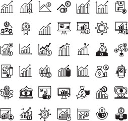 Diverse collection of business and finance icons showing financial growth and investment Keywords: finance