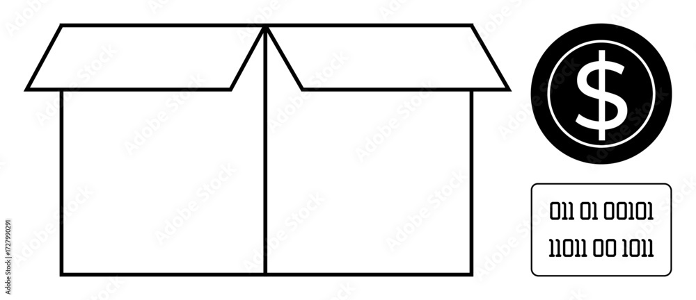 Aufkleber open cardboard box with binary code and dollar sign. ideal for e-commerce, logistics, financial tech