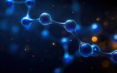 Close-up of blue molecular structure with spherical atoms connected by smooth bonds glowing in a dark, blurred background conveying advanced science and technology
