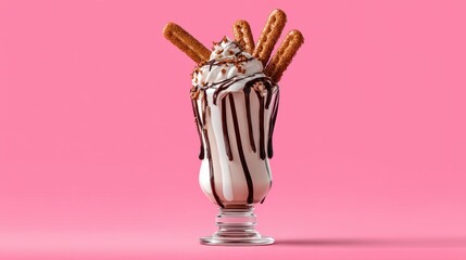 Fototapeta premium Delicious dessert ice cream sundae topped with churros, chocolate drizzle, and whipped cream against a vibrant pink background for sweet indulgence