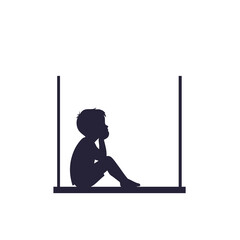  the silhouette of a child sitting on a windowsill, resting their chin on their hands while looking outside (which is unseen)