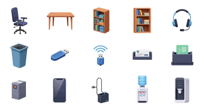 A collection of office and technology-related items displayed on a white background.