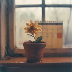 Wilted yellow flower in terracotta pot with water droplets on a windowsill