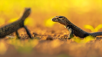 Obraz premium Two lizards in the warm sunlight on the dry ground